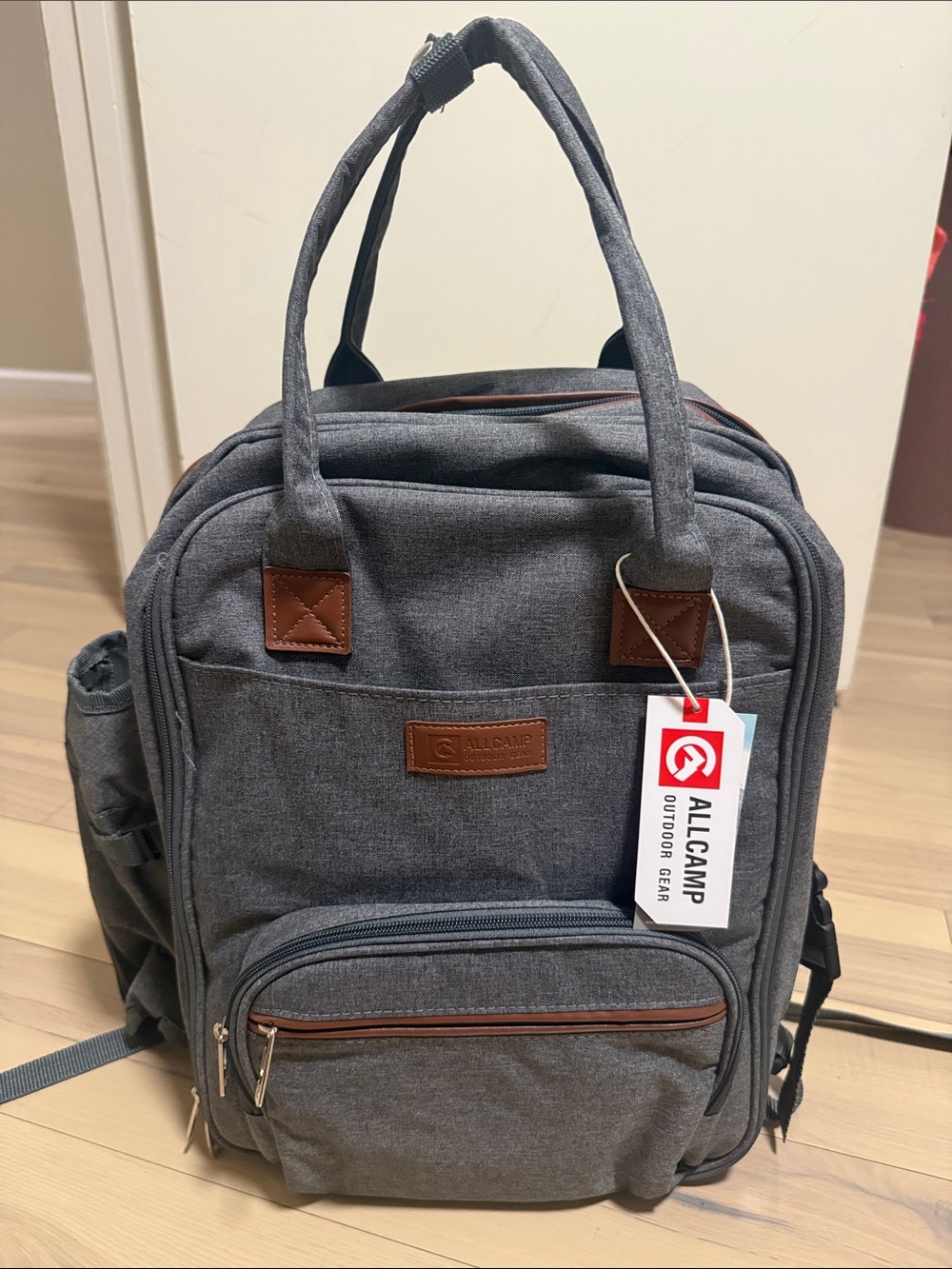 ALLCAMP Gray PICNIC Men's Travel Backpack Tote with Brown Trim